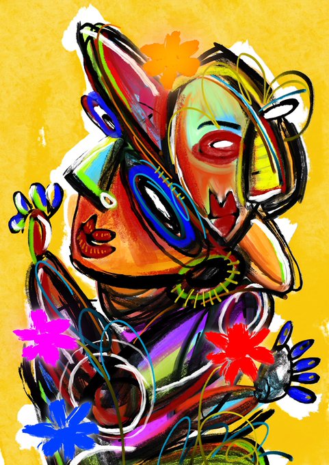 A vibrant, abstract painting features stylized faces with colorful patterns, set against a yellow background with bright flowers.