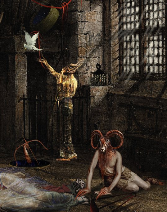 A surreal, dark fantasy painting shows a goat-headed humanoid kneeling beside a figure on the ground, with a golden crucified figure and a white dove in the background.