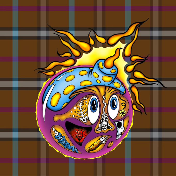 A colorful illustrated emoji-style design on a plaid background, featuring a purple smiley face with a blue/yellow polka dot cap, flames, and surreal cartoon elements.