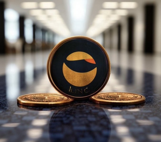 A 3D-rendered image of stacked gold coins featuring a stylized 'C' logo and the text 'LUNC', representing the Terra Luna Classic cryptocurrency.