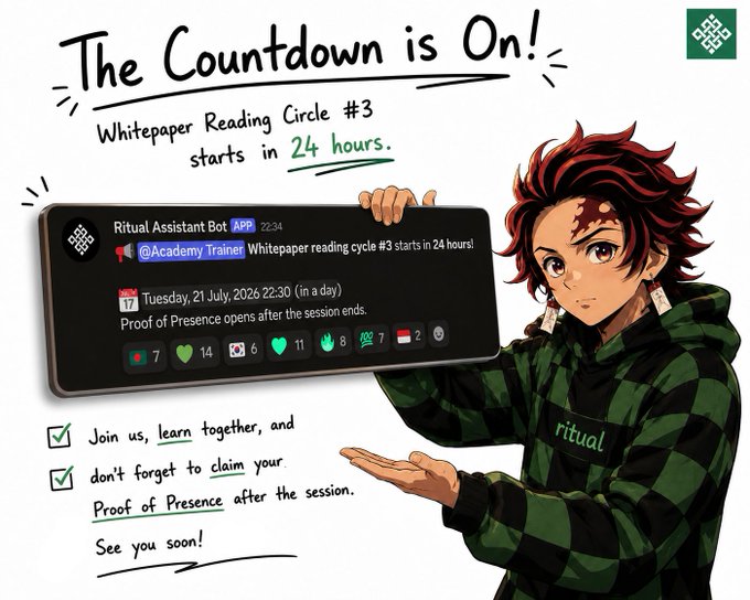 An announcement for a Whitepaper Reading Circle #3 starting in 24 hours, featuring an anime-style character holding a Discord message from Ritual Assistant Bot about an event on Tuesday, 21 July 2026.