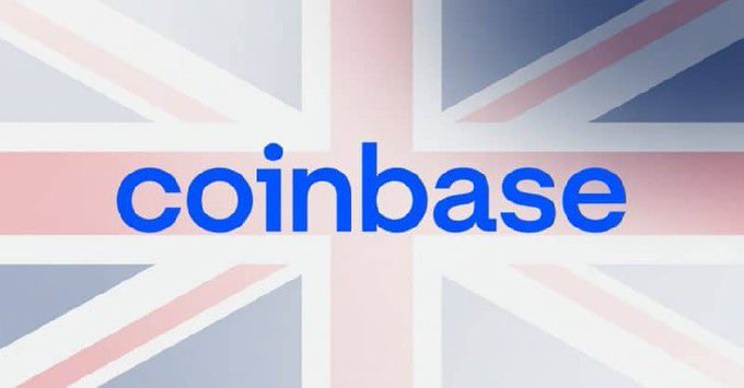 The image features the blue "coinbase" logo overlaid on a faded Union Jack flag, symbolizing the cryptocurrency exchange's UK presence. This visual ties into Coinbase's recent acquisition of a UK MiFID license, which enables it to offer regulated derivatives, equities, and crypto trading services to British users.