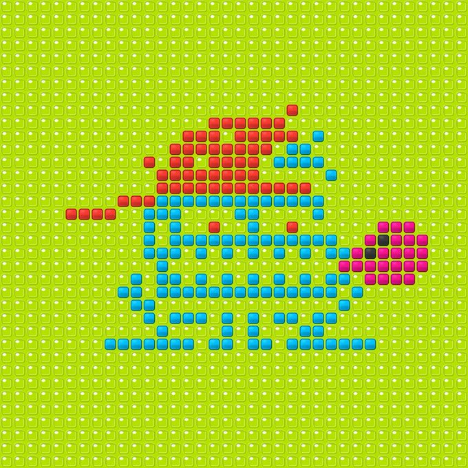 A pixel art design shows a red-haired figure in blue overalls holding a pink flower, created with colorful square beads on a green background.