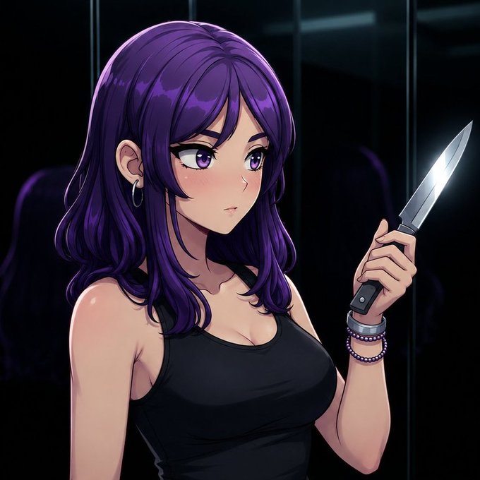 An anime-style illustration of a woman with long purple hair wearing a black tank top and holding a large knife, with blush marks on her cheeks.