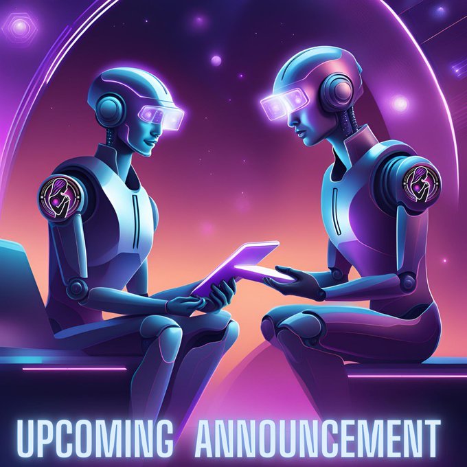 Two futuristic humanoid robots wearing glowing VR-style visors face each other in a vibrant purple-and-magenta cosmic setting, with one handing a luminous tablet to the other, symbolizing a tech-driven announcement. The bold text at the bottom reads "UPCOMING ANNOUNCEMENT," visually reinforcing the post's teaser about $AIC's planned reveal at 15:00 UTC alongside an ongoing 6-digit Buyback & Burn event.