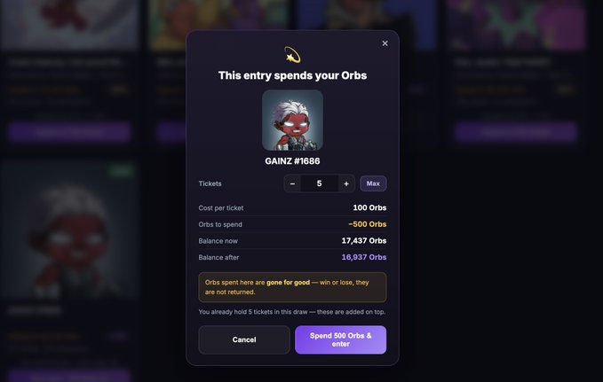 A mobile app confirmation screen titled 'This entry spends your Orbs' showing a purchase of 5 tickets at 100 Orbs each for user GAINZ #1688, with a 'Spend 500 Orbs & enter' button.