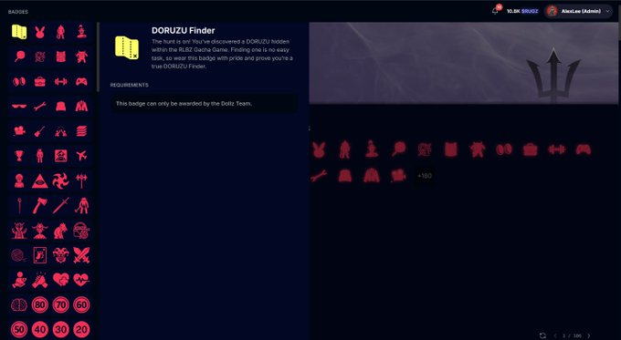 A dark-themed badge gallery interface showing various red icons and a highlighted "DORUZU Finder" badge, described as a hidden find within the RBLZ Gacha Game, viewable only by the Dorizu Team.