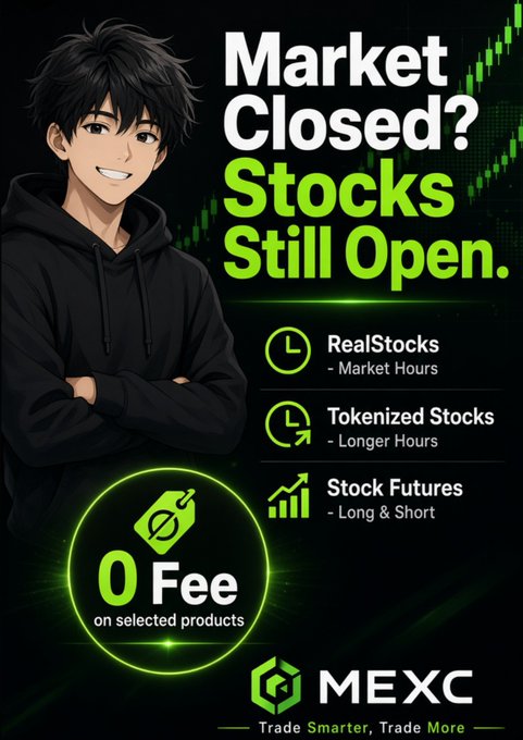 A promotional advertisement for MEXC featuring an anime-style character in a black hoodie, with text 'Market Closed? Stocks Still Open' and a '0 Fee on selected products' badge.