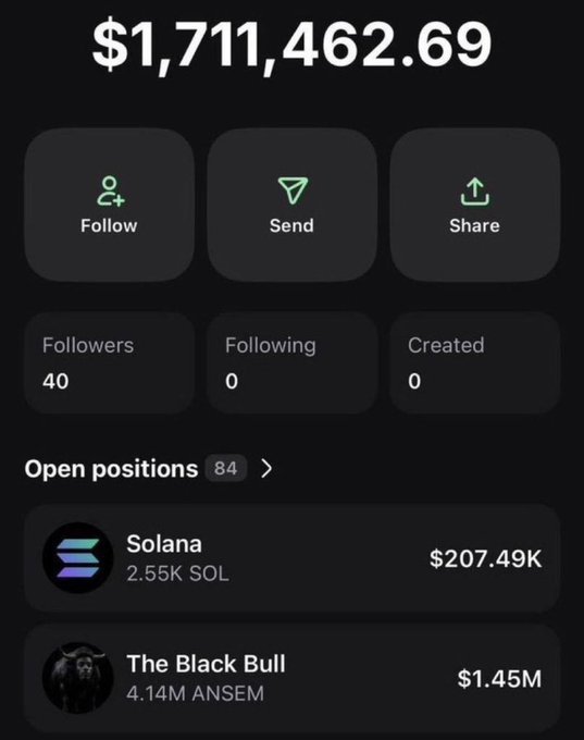 A screenshot of a crypto portfolio showing a total balance of $1,711,462.69 with 40 followers and 84 open positions, including Solana ($207.49K, 2.55K SOL) and "The Black Bull" ($1.45M, 4.14M ANSEM). The image serves as proof of the poster's meme coin success to solicit SOL addresses from other users looking for similar results.