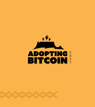 An orange background displays a black logo of a mountain with lightning bolts and the text 'ADOPTING BITCOIN 2027'.