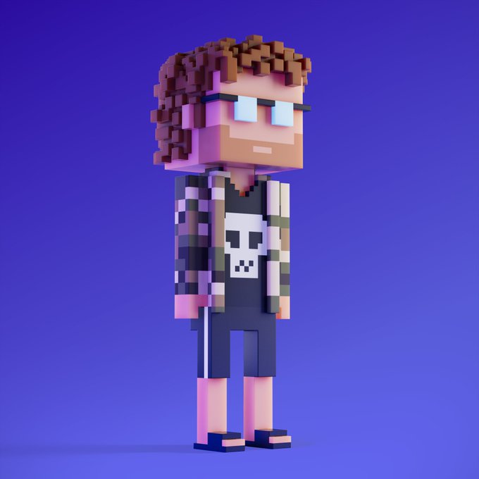 A 3D voxel-style character with curly brown hair, glasses, a checkered shirt, and a skull-print tank top stands against a blue background.