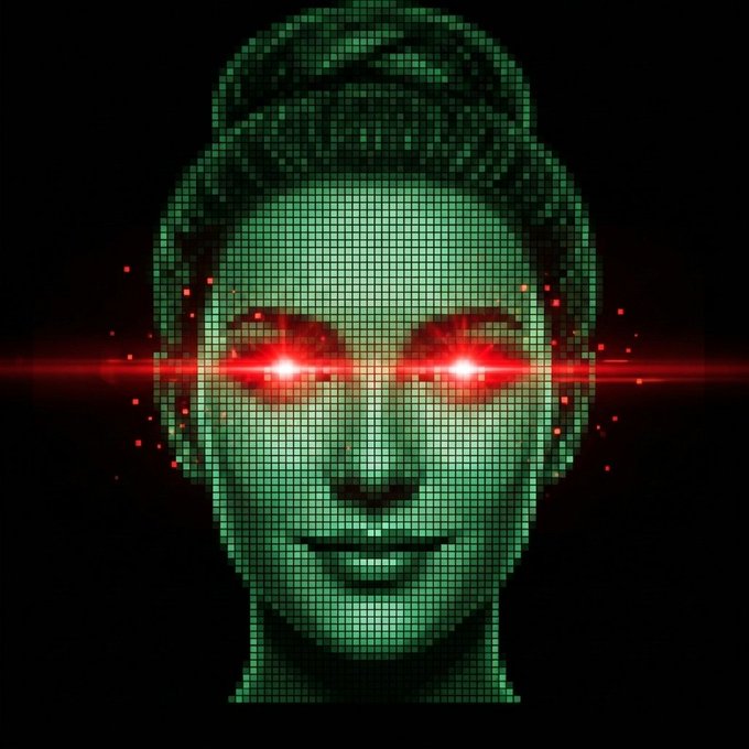 A pixelated, retro-style digital portrait of a woman's face rendered in green against a black background, with glowing red laser eyes emitting horizontal beams and scattered red particles, evoking an AI-driven or cybernetic aesthetic that aligns with the post's spotlight on top AI crypto gainers like $KELLYCLAUDE and $SR.
