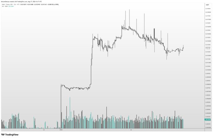 A TradingView candlestick chart of $RAIN/USDT on Aug17 shows the token breaking out sharply around late July from a tight consolidation near $0.000030, rallying to highs near $0.000072 before pulling back to recent support in the $0.000048–$0.000052 zone, matching the post's view of choppy action with a healthy-looking support area for a slower trade.