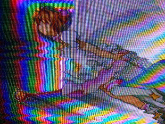 An anime-style illustration of a girl with brown hair wearing a white outfit, overlaid with colorful RGB color separation and pixelation effects creating a distorted, glitchy visual.