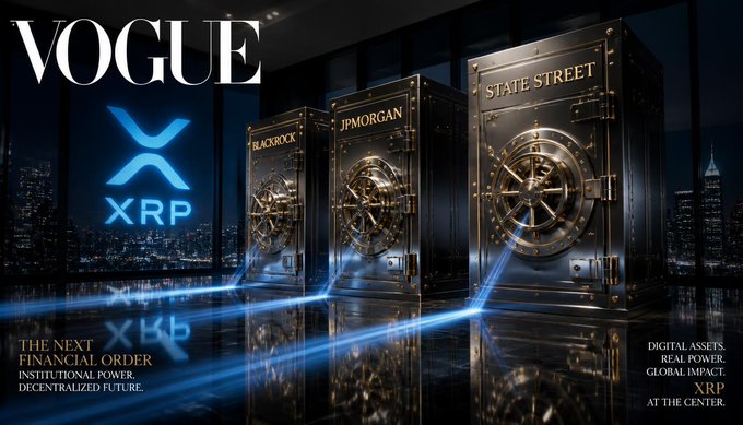 A 'VOGUE'-styled promotional graphic featuring a glowing blue XRP logo next to ornate bank vault doors labeled 'BLACKROCK,' 'JPMORGAN,' and 'STATE STREET,' with the tagline 'THE NEXT FINANCIAL ORDER' and 'XRP AT THE CENTER.'