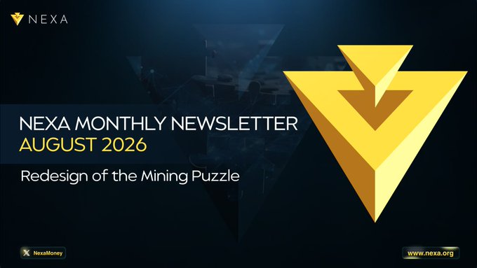 NEXA Monthly Newsletter for August 2026 announcing a redesign of the Mining Puzzle, featuring the NEXA logo.