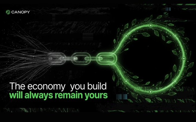 A green-themed promotional image showing a digital chain breaking a link surrounded by leaves, with the Canopy logo and text reading "The economy you build will always remain yours."