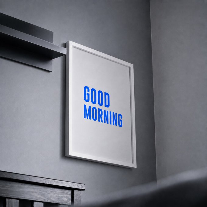 A framed "GOOD MORNING" sign hangs on a gray wall, fitting the post's cheerful "Gm" (good morning) greeting to start the day.