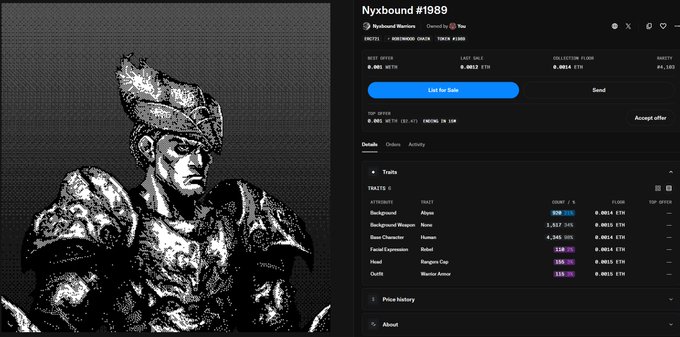 OpenSea NFT listing for "Nyxbound #1989," a pixelated artwork of a knight in ornate armor, with a last sale of 0.0012 ETH and traits including Background: Abyss, Weapon: Alpas, and Head: Dragon Cap.