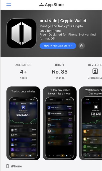 The image shows the App Store page for "cro.trade | Crypto Wallet", which is ranked #85 in Finance charts. The app allows users to manage and track their crypto, as seen in the app screenshots displaying portfolio values and trading information.