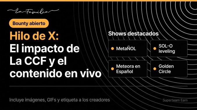 A dark-themed graphic announces 'Bounty abierto: Hilo de X: El impacto de La CCF y el contenido en vivo,' highlighting featured shows including 'MetaÑOL,' 'SOL-O leveling,' 'Meteora en Español,' and 'Golden Circle' from 'la Familia' Superteam Earn.