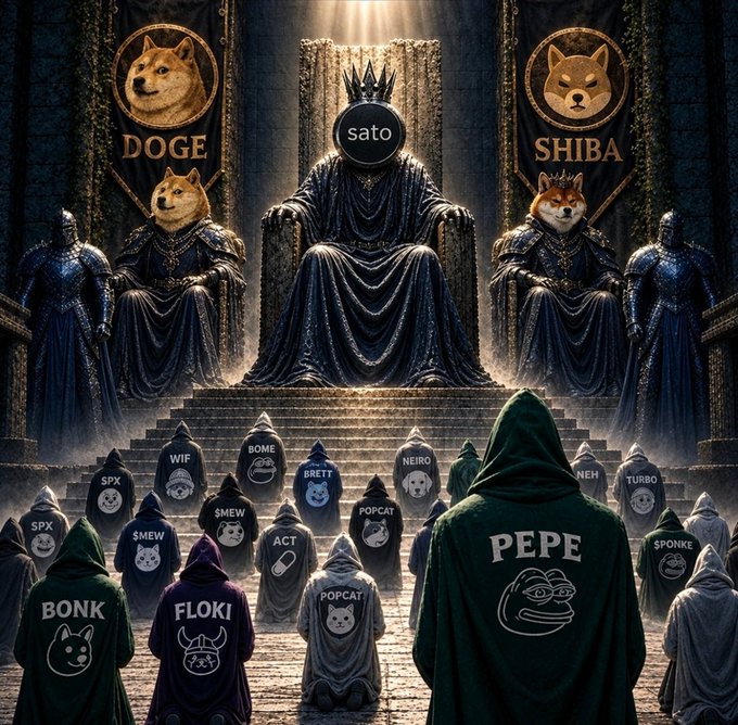 An AI-generated fantasy illustration depicting hooded figures with cryptocurrency meme tokens on their backs (BONK, FLOKI, PEPE, POPCAT, SPX, WIF, BOME, BRETT, NEIRO) kneeling before a throne occupied by 'sato', with DOGE and SHIBA banners hanging on either side.