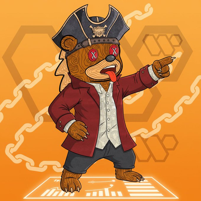 A cartoon bear mascot dressed as a pirate captain with X's for eyes sticks out its tongue while standing on a stylized platform, set against an orange honeycomb-patterned background featuring chain links, visually aligning with the post's theme of Web3 trading, MEV protection, and the Wallchain/Quackers leaderboard grind.