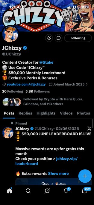 JChizzy (@JJChizzy) Twitter/X profile showing 'Content Creator for @Stake' with 5.8K followers, displaying a pinned post about the '$50,000 JUNE LEADERBOARD IS LIVE'.