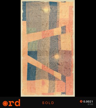 An abstract geometric artwork composed of textured orange, blue, and beige shapes is displayed on a digital marketplace, marked as 'SOLD' with a price of 0.0021 ETH (~$150).