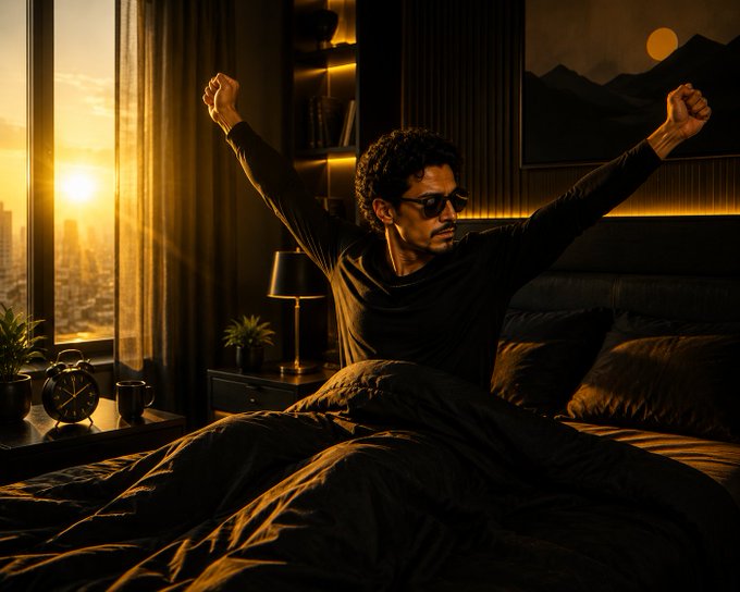 A man in sunglasses stretches his arms victoriously as he wakes up in a dimly lit bedroom, with a glowing sunrise streaming through the window beside a nightstand with an analog clock. The image complements the post's message about disciplined consistency, capturing the quiet, private moment of a long-term builder rising early to put in the work before the world notices.