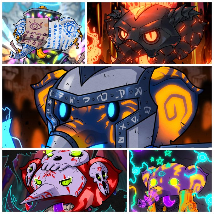 A collage of five illustrated characters featuring mystical, elemental designs including a scroll-reading figure, a fiery creature, a robotic entity with runic armor, and other magical beings.