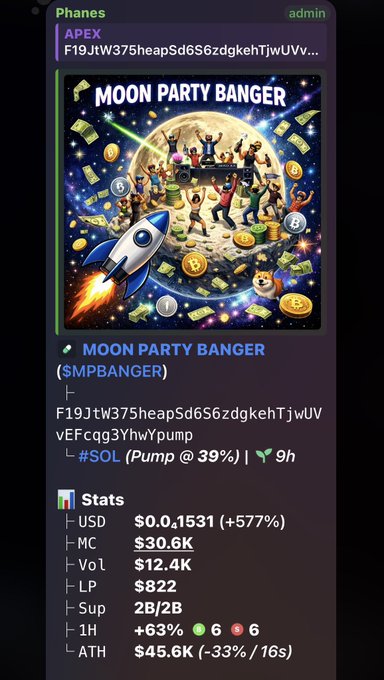 A crypto tracking interface for a token called 'MOON PARTY BANGER ($MPBANGER)' on the Phanes app, showing a current price of $0.1531 USD (+577%) with a market cap of $30.6K and liquidity of $822.