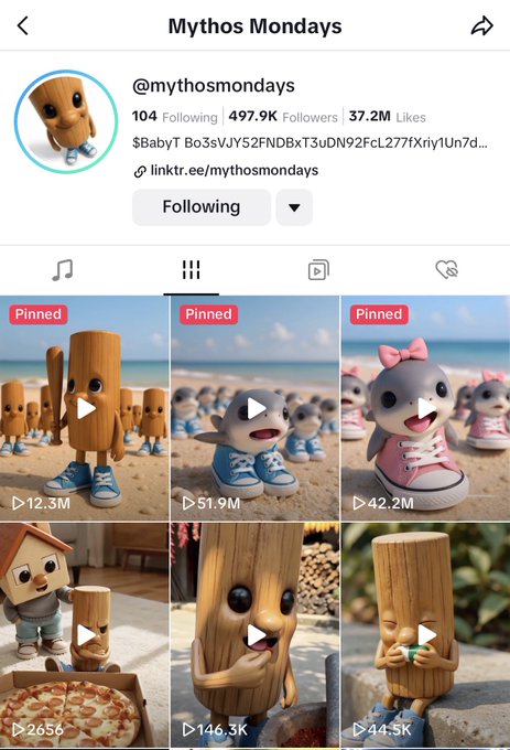 The image shows the TikTok profile of @mythosmondays, a 3D animation account with 497.9K followers, 37.2M likes, and viral videos (including pinned posts with 12.3M, 51.9M, and 42.2M views) featuring charming anthropomorphic characters like wooden logs, seals, and sharks wearing sneakers.

The "size chillhouse" caption fits perfectly with the video grid, which showcases small, cute animated creatures lounging in miniature shoes—particularly the tiny sneakers worn by the wooden log and seal characters, emphasizing a cozy, small-scale vibe.