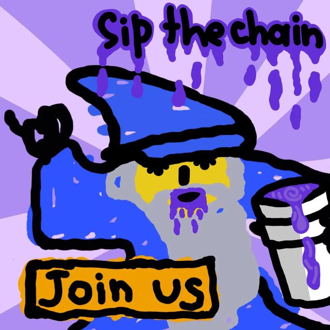 A cartoon illustration features a blue, dripping character with a yellow face, holding a cup, with the text 'Sip the chain' at the top and 'Join us' on a yellow banner.