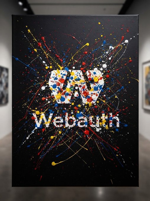 A vibrant black canvas featuring colorful paint splatters and droplets radiating outward, with a bold white "W" logo at the center and the text "Webauth" beneath it. The artwork visually reinforces the post's endorsement of Webauth Wallet as a regulated and innovative blockchain-based voting platform.