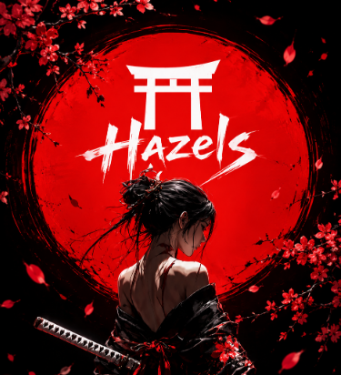 A graphic design featuring a woman with her back turned holding a katana, set against a large red moon, surrounded by red cherry blossoms and the text 'Hazels' with a Japanese-style symbol.