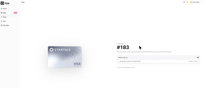 A startup dashboard showing a "STARTALE" Visa card product (#183) with a sign-in window and sidebar navigation menu. The image relates to the post about "U 卡" (U Card) trending products, which discusses how the prediction market and US stock trading card narrative has been shifting, and currently features the Startale Visa card as one such offering.