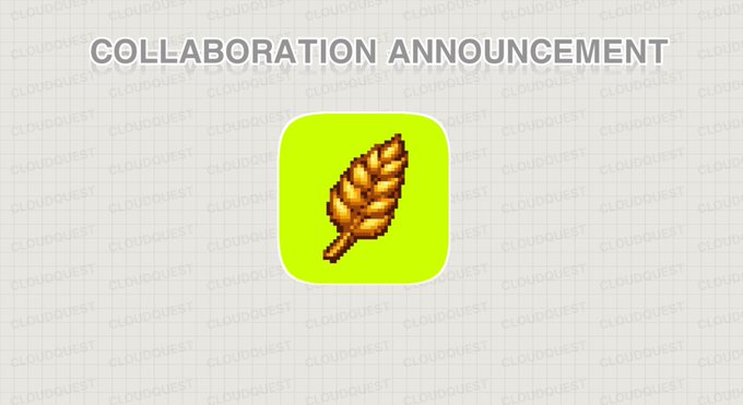 A "COLLABORATION ANNOUNCEMENT" graphic features a pixelated wheat stalk icon on a bright yellow-green app icon, set against a grid background watermarked with "CLOUDQUEST," promoting the partnership between Cloud Quest and BrokerFarm for a P2E + Stoks farm featuring NFT avatars.