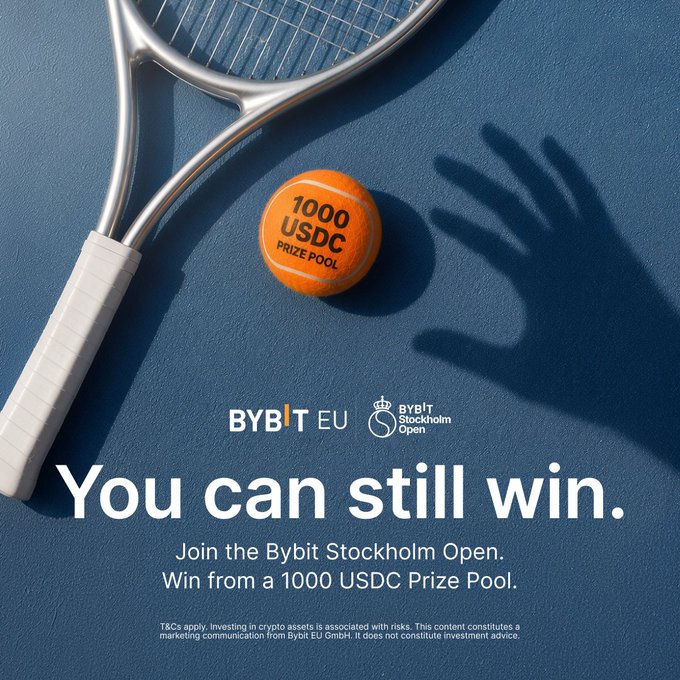 A promotional image for the 'BYBIT EU Stockholm Open' tennis tournament featuring a racket, ball labeled '1000 USDC PRIZE POOL', and the text 'You can still win.'