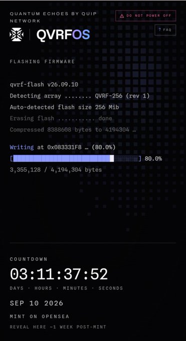 Flashing firmware screen for QVRFOS by Quip Network, showing 80% writing progress at address 0x083331F8, with a countdown to a mint on Sep 10, 2026.