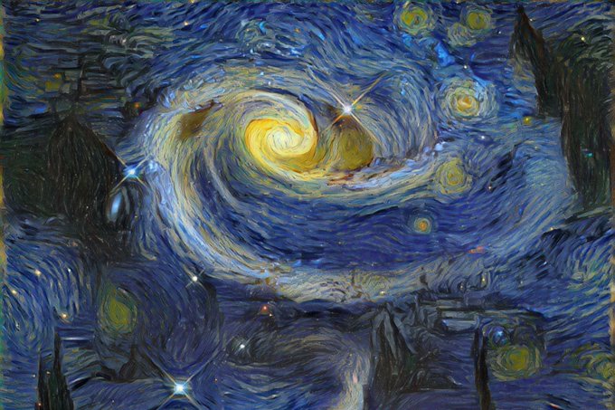 A vibrant, swirling night sky painting with bright yellow stars and celestial bodies over a dark, textured landscape, reminiscent of Van Gogh's 'Starry Night'.
