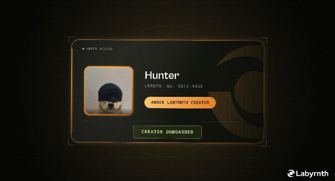 A digital badge labeled "AMBER ACCESS" for "Hunter," identified as LRNTH No. 0012-4838 and "Amber Labyrinth Creator" with a "Creator Onboarded" button, branded by Labyrnth.