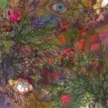 The image showcases a vibrant collage of peacock feathers and floral elements, creating a colorful abstract composition. The caption "QT your Tezos Art Last ed left" likely refers to promoting or quoting a piece of Tezos-based digital art, suggesting this eye-catching artwork is among the last editions available for sale or sharing.