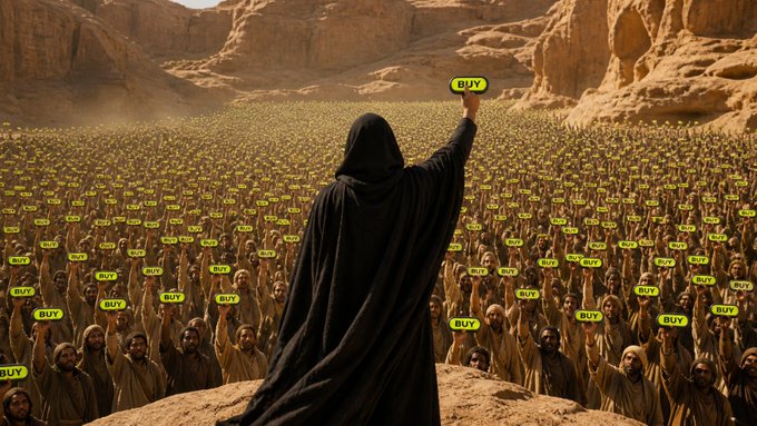 A hooded figure stands on a desert cliff, raising a glowing yellow "BUY" button above a massive crowd of robed followers, each holding up their own "BUY" sign in unison. The image visualizes the post's rallying-cry metaphor, portraying "BUY" as a messianic, all-powerful command that unites the "people of the trenches" in a single, overwhelming decision.