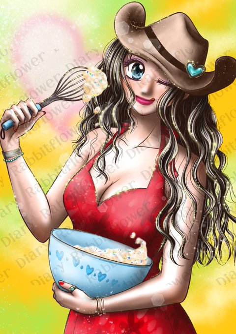 A digital illustration of a woman with long wavy hair, wearing a brown cowboy hat with a heart buckle and a red dress, holding a whisk and a bowl of batter.