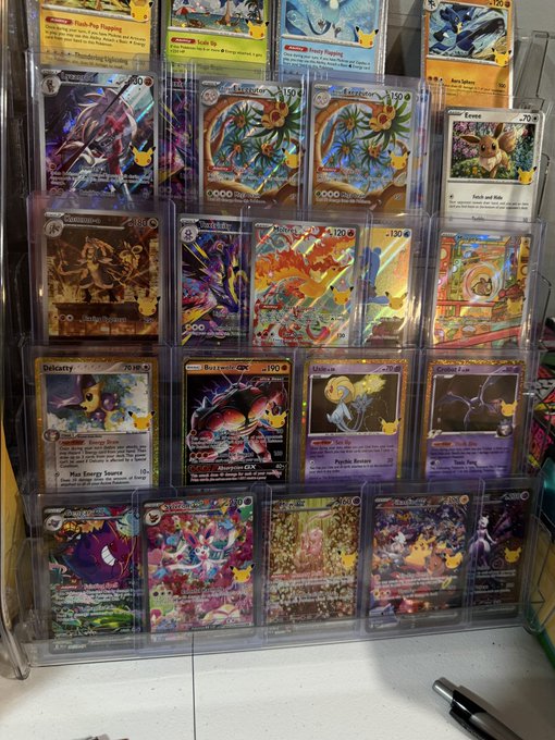 A collection page from a Pokémon card binder displaying various rare and holographic cards, including multiple Charizard ex, Eevee evolutions (Jolteon, Flareon, Leafeon), and other valuable cards in protective sleeves.