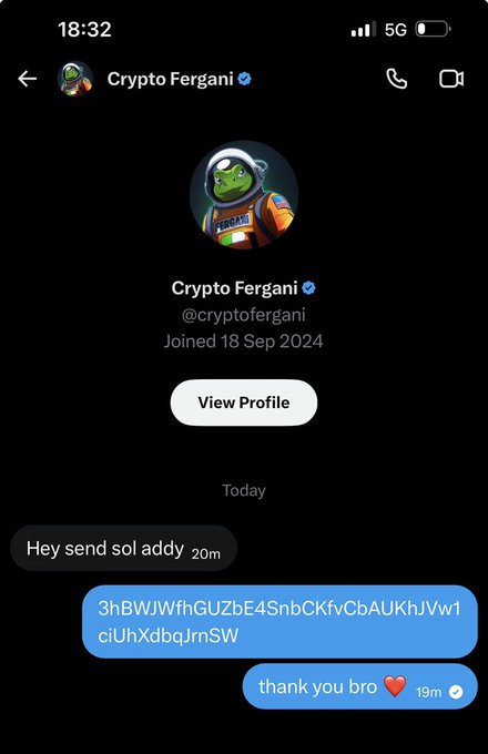 A screenshot of a Telegram chat with "Crypto Fergani" (@cryptofergani), showing a request "Hey send sol addy" followed by a Solana wallet address "3hBWJWfhGUZbE4SnbCKfvCbAUKhJVw1ciUhXdbqJrnSW" and a reply "thank you bro ❤️," illustrating a completed crypto tip transaction.