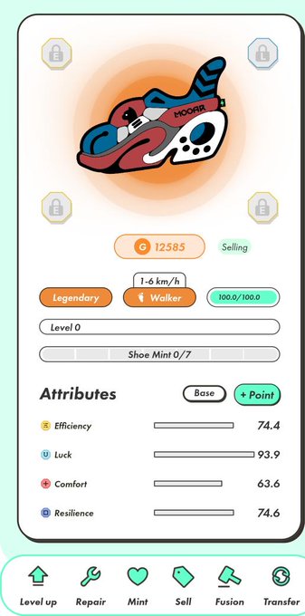 The image displays a mobile game interface from #stepn, showing a legendary "Mooar" cat-style sneaker for sale at 12585 SOL with attributes including Efficiency (74.4), Luck (93.9), Comfort (63.6), and Resilience (74.6), at level 0 with 100.0/100.0 condition. The listing details match the post's description of a Mooar Genesis cat shoe being sold, with the game's "Selling" tag and "1-6 km/h Walker" classification visible.