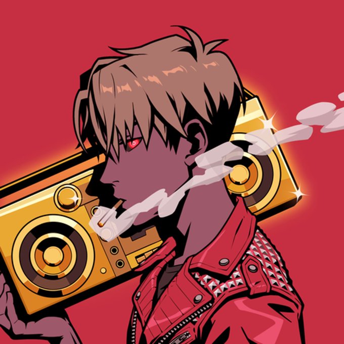 A stylized anime character with glowing red eyes smokes a cigarette while holding a gold boombox on his shoulder against a red background, complementing the post's "IKZ!" caption celebrating the sale of Azuki NFT #7120 for 2.75 ETH on OpenSea.