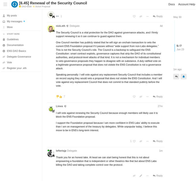A screenshot of the ENS DAO forum showing proposal [6.45] "Renewal of the Security Council" with a discussion between users nick.eth, Limes, and jeffterisjp debating whether to renew the council or let the Foundation proposal proceed, with Limes explicitly stating they will vote against renewing because members will "likely use it to block the ENS Foundation proposal."